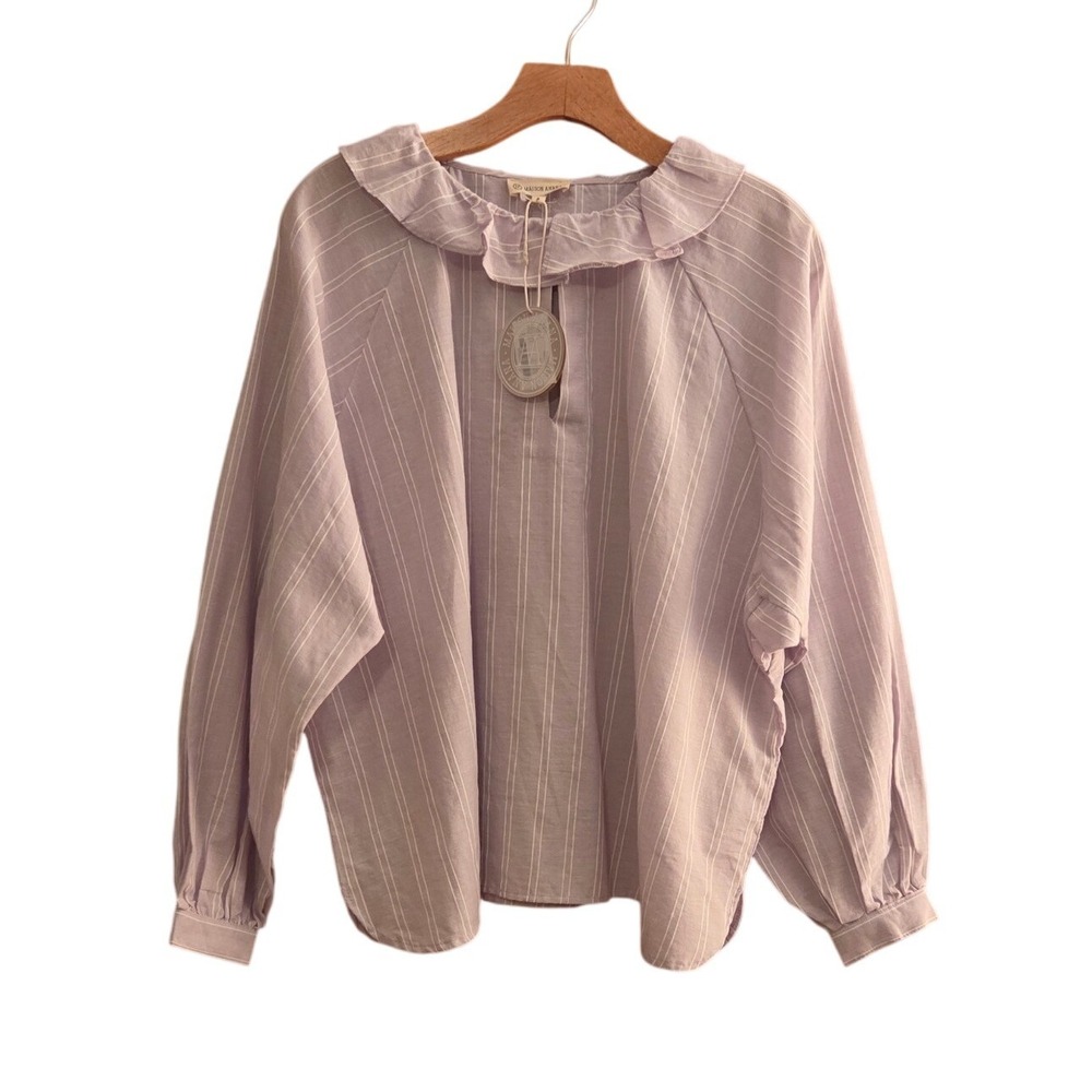 Maison Anana Alienor Blouse Lilac Striped Ruffle Collar Cotton Top NWT Sz S